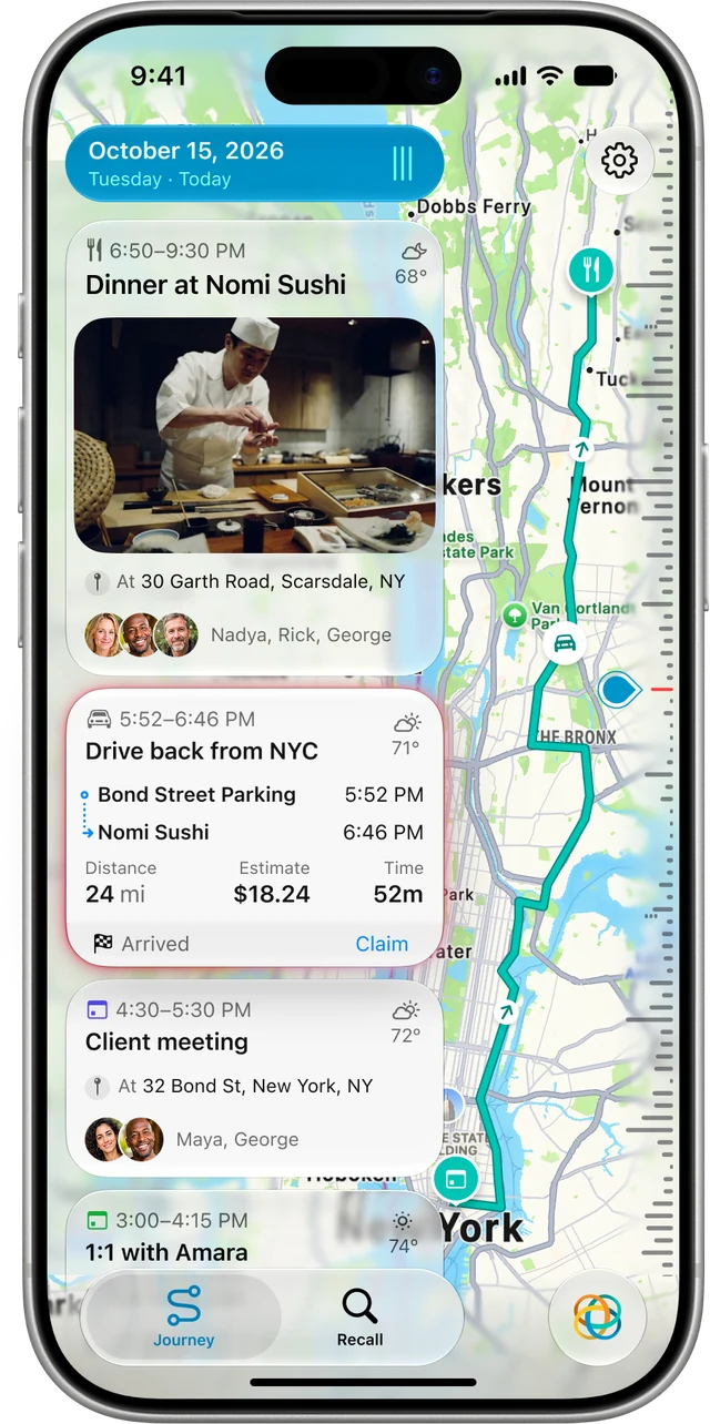 myPlanit Journey screen: a day timeline over a map with dinner, a drive and a client meeting