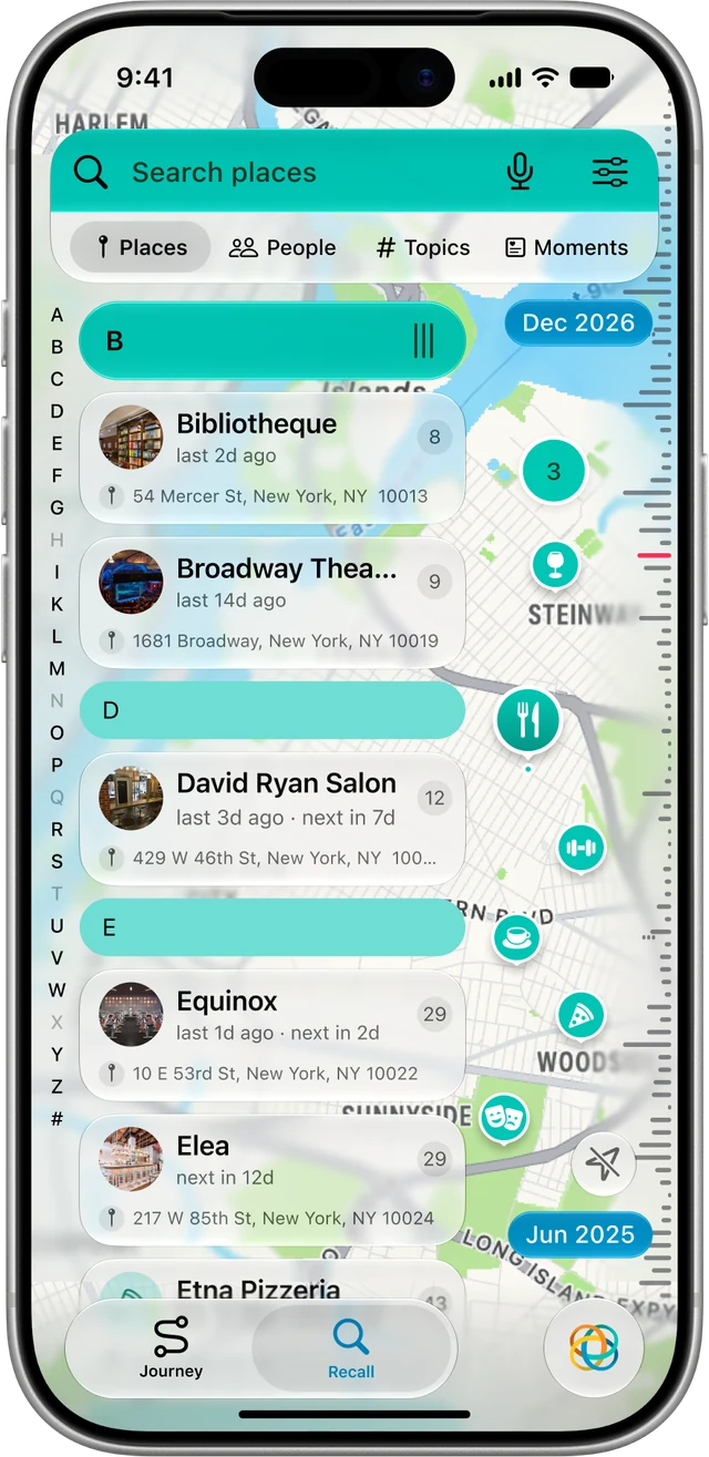 myPlanit Recall screen: places listed A to Z over a map, with visit counts
