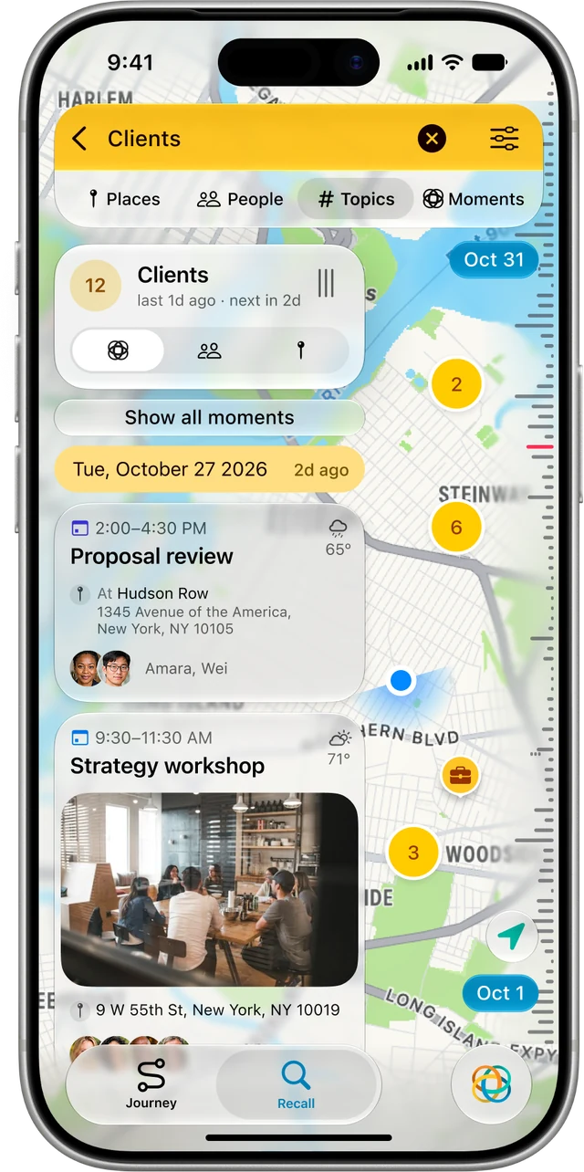 myPlanit topic view for Clients: 12 moments, a proposal review and a strategy workshop over a map of New York